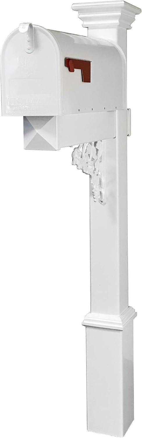 4Ever Products The Hoover Mailbox with White Vinyl Post Included Complete Decorative Curbside Mailbox System with Classic Traditional Style (White Mailbox)