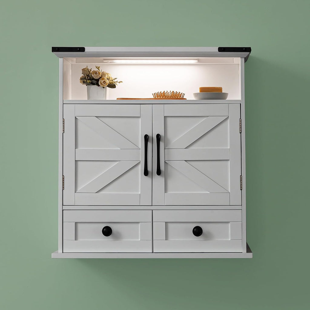 Bathroom Wall Cabinet, 23' x 25' Farmhouse Over The Toilet Storage with Motion LED Light & Safety Drawers, Wooden Medicine Cabinet, Water-Resistant White Organizer (9' Depth)