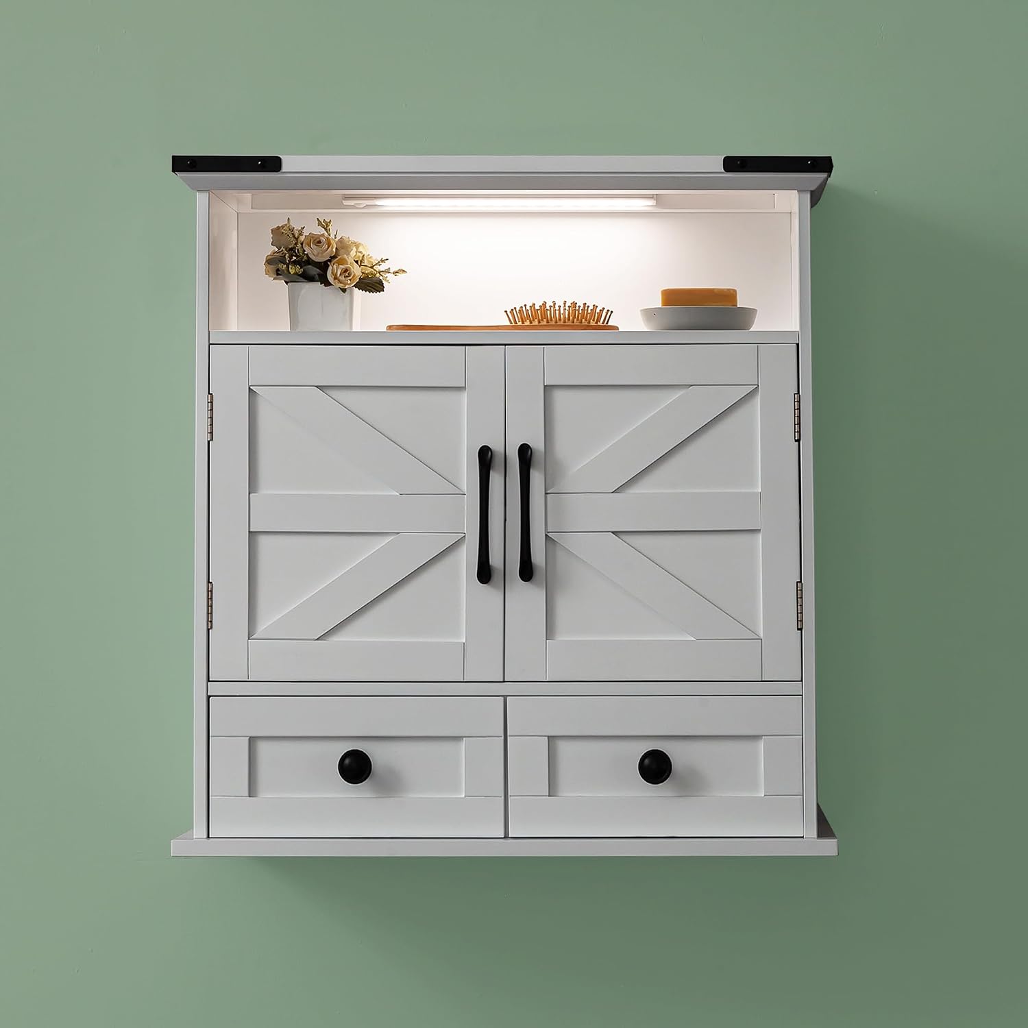 Bathroom Wall Cabinet, 23' x 25' Farmhouse Over The Toilet Storage with Motion LED Light & Safety Drawers, Wooden Medicine Cabinet, Water-Resistant White Organizer (9' Depth)