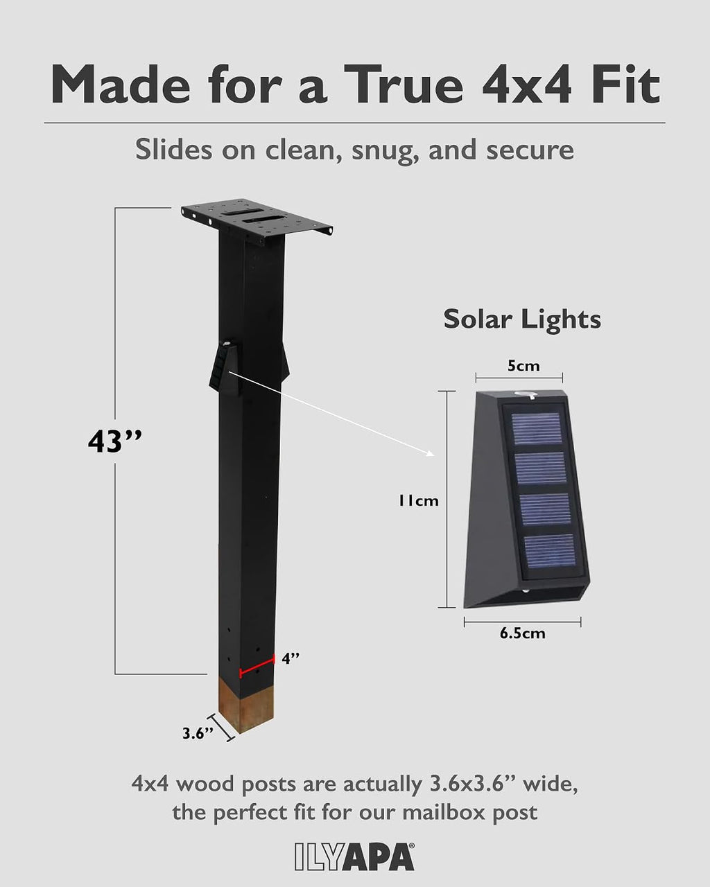 Ilyapa Black Metal Mailbox Post for Outside with Solar Address Sign for Houses, 43x4x4 Mail Box Post Sleeve with Solar Light for House Numbers with Two Universal Mounting Plate Brackets