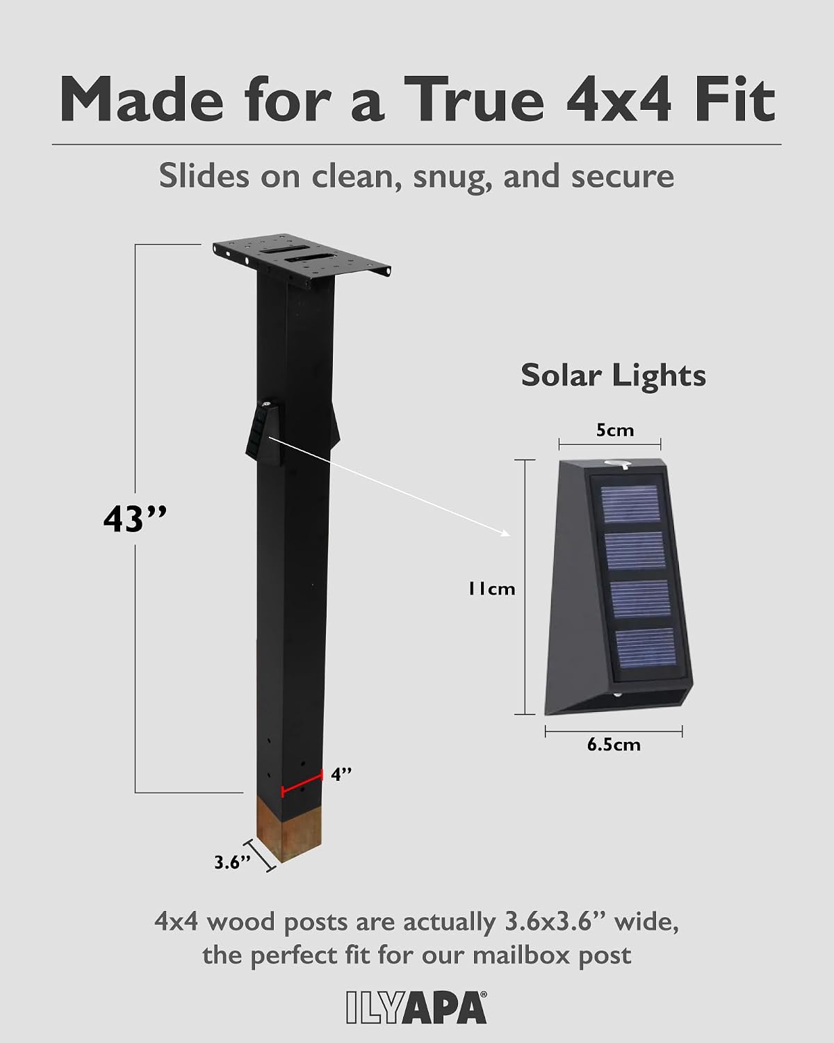 Ilyapa Black Metal Mailbox Post for Outside with Solar Address Sign for Houses, 43x4x4 Mail Box Post Sleeve with Solar Light for House Numbers with Two Universal Mounting Plate Brackets