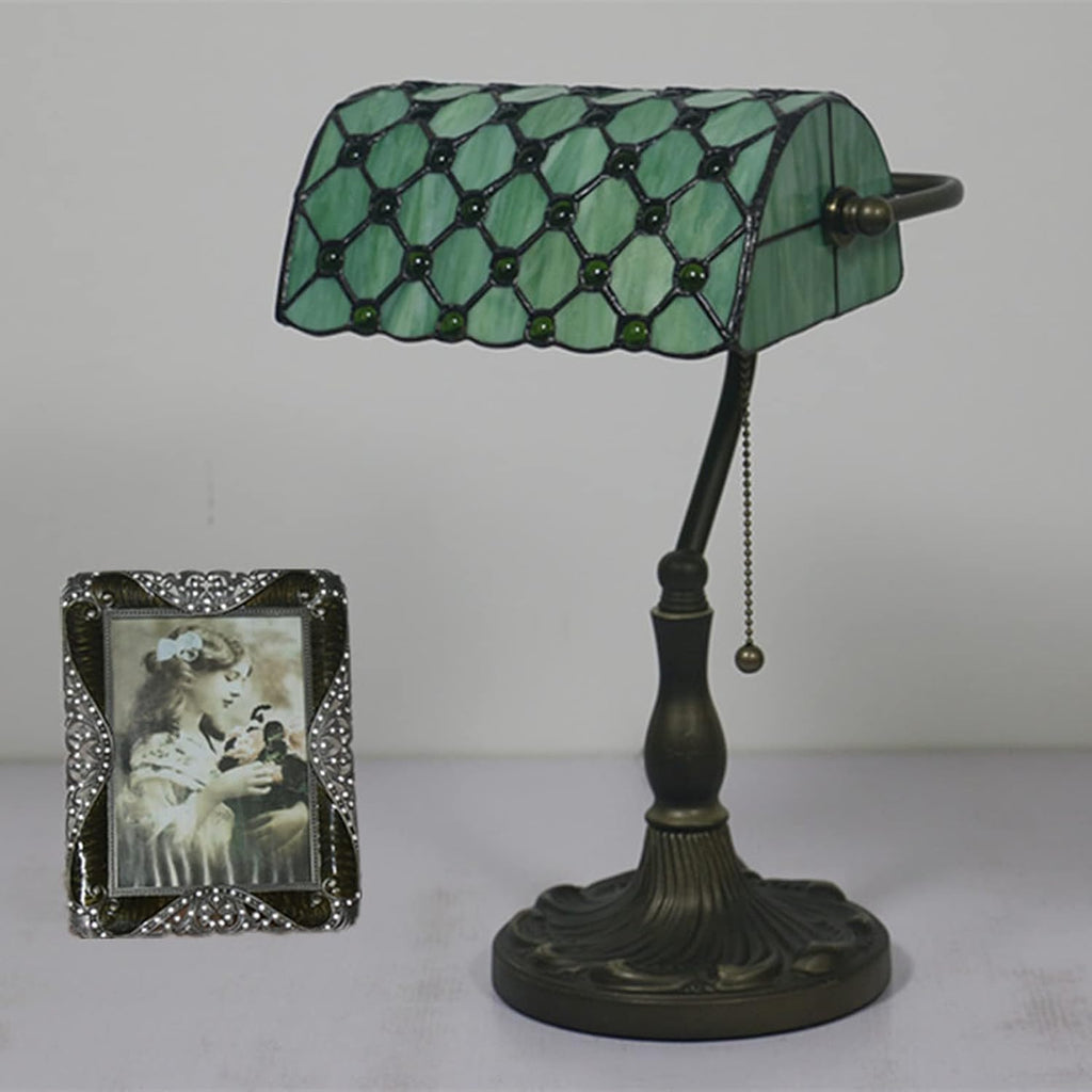 Tiffany Style Bankers Table Lamp Stained Glass Piano Desk Lamp Vintage Bedroom Bedside Lamp for Study,Antique Alloy Base,Zipper Switch,Green a