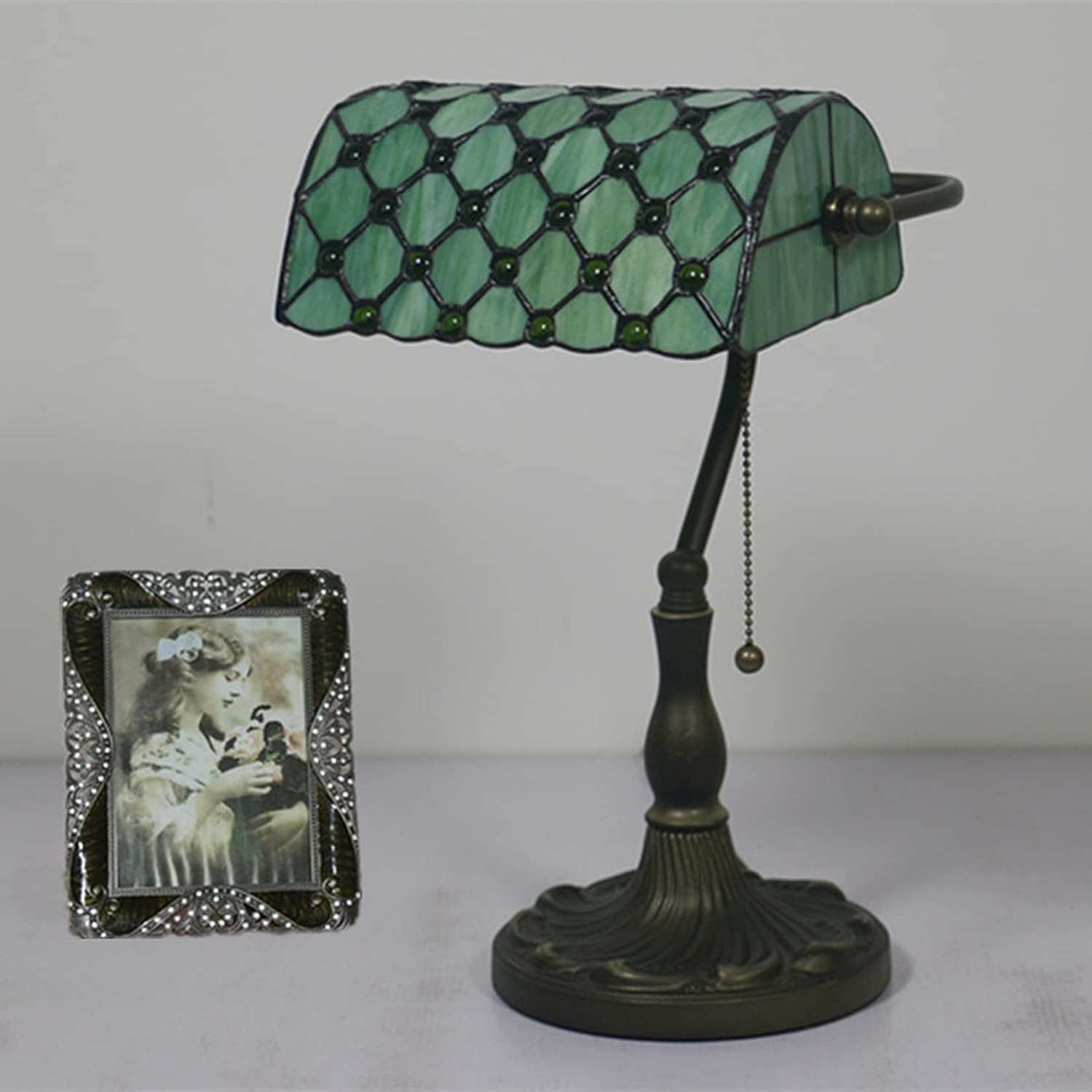 Tiffany Style Bankers Table Lamp Stained Glass Piano Desk Lamp Vintage Bedroom Bedside Lamp for Study,Antique Alloy Base,Zipper Switch,Green a