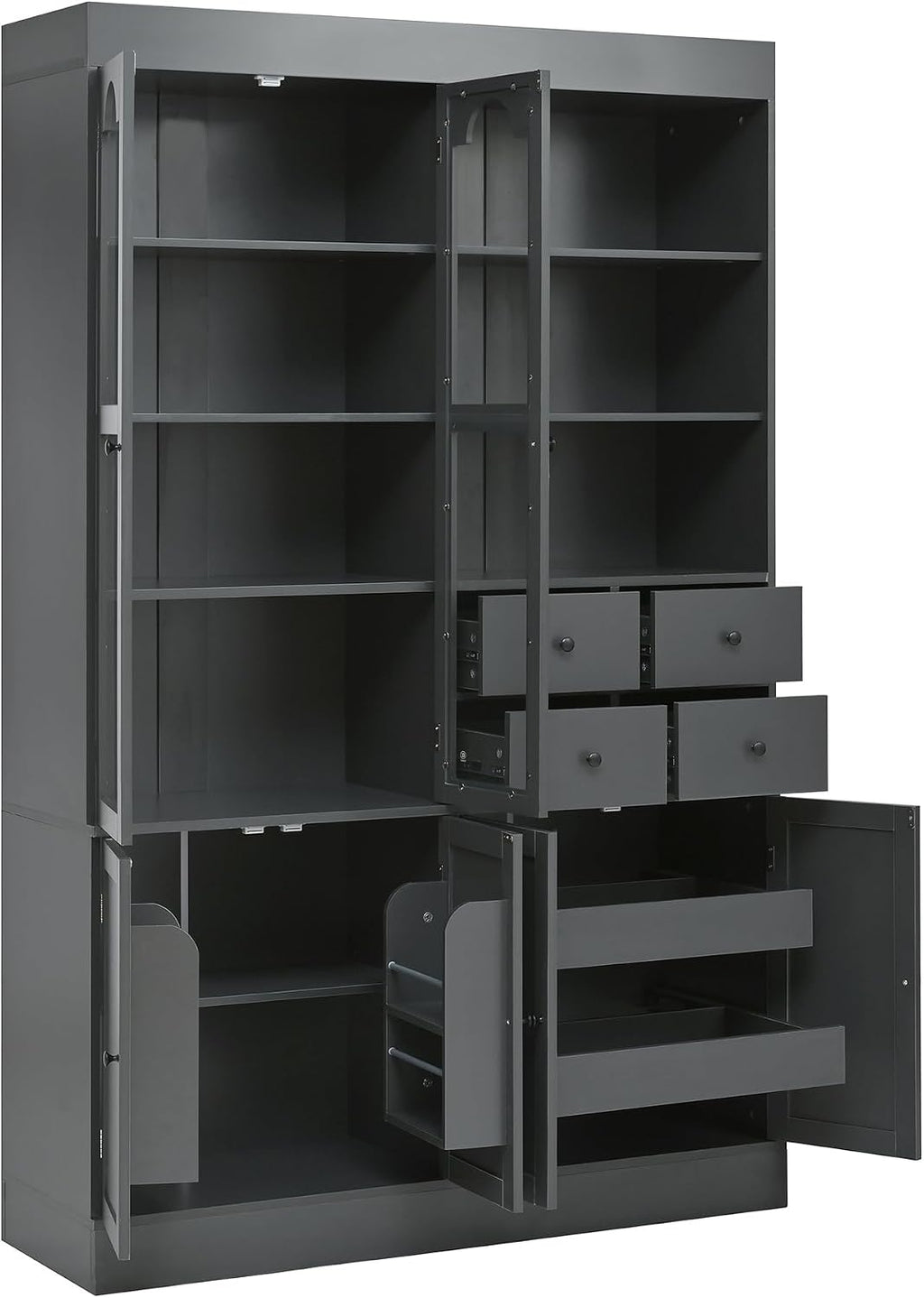 Modern 75inch Tall Kitchen Pantry Storage Cabinet with 4 Drawers, Freestanding Buffet Cabinet with Door Shelves and Pull-Out Trays for Dining Room, Living Room (Gray/32r)