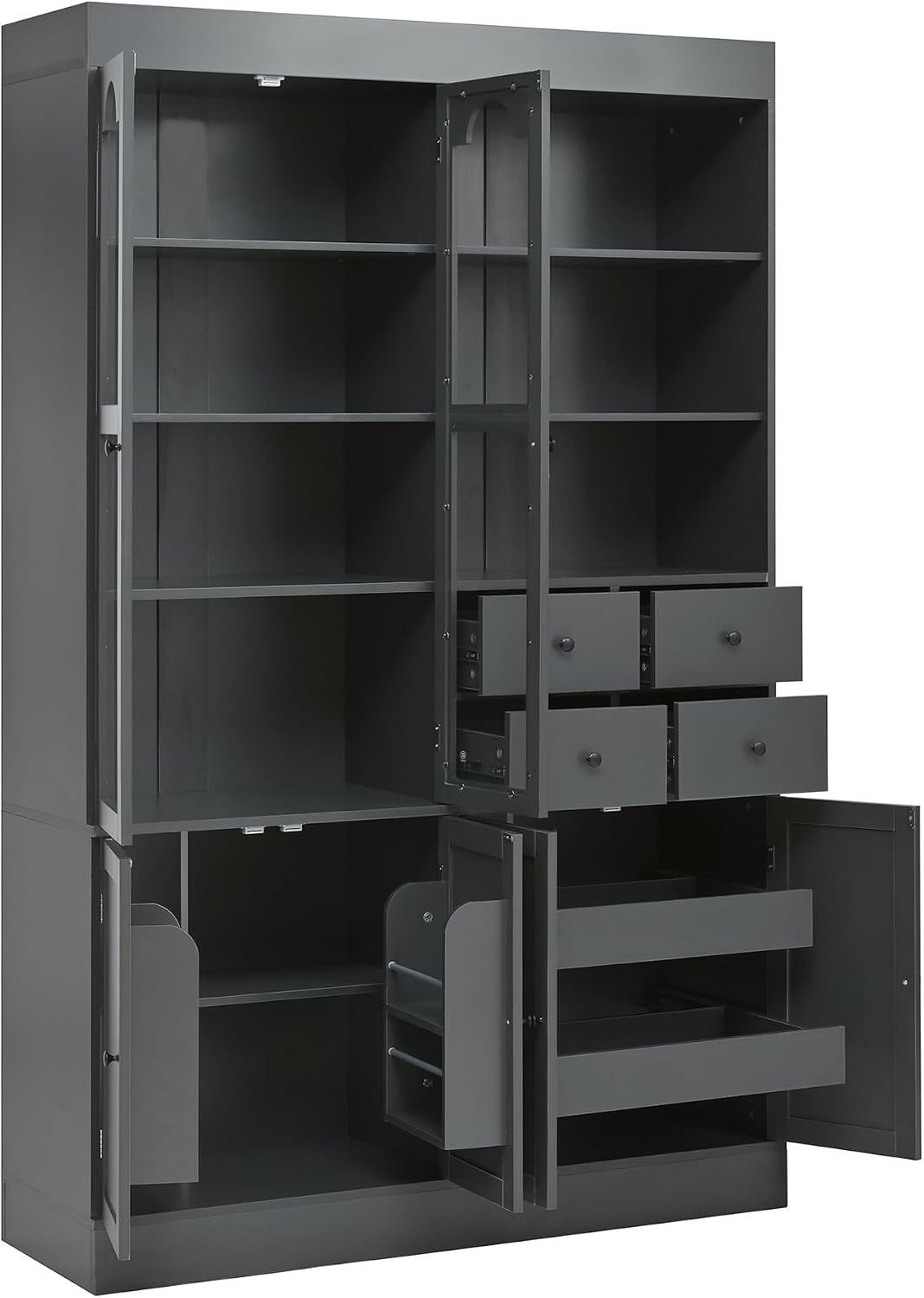 Modern 75inch Tall Kitchen Pantry Storage Cabinet with 4 Drawers, Freestanding Buffet Cabinet with Door Shelves and Pull-Out Trays for Dining Room, Living Room (Gray/32r)