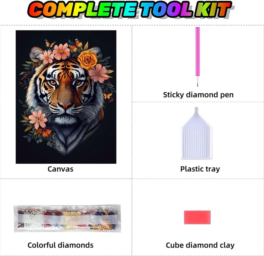 Flower Dimond Painting Tiger Diamond Art Kits for Adults Beginners DIY 5D Round Full Dirll Crystal Gem Art Embroidery Paintings Crafts Picture, Home Wall Decor Gifts, Hobbies for women 36x48in u7-222
