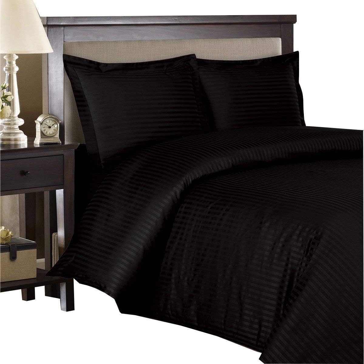 Royal Hotel Bedding Cotton Stripe Duvet Cover Set Black with Down Alternative Comforter Duvet Insert, 4 Piece King Size, 600 Thread Count, Cooling, Breathable