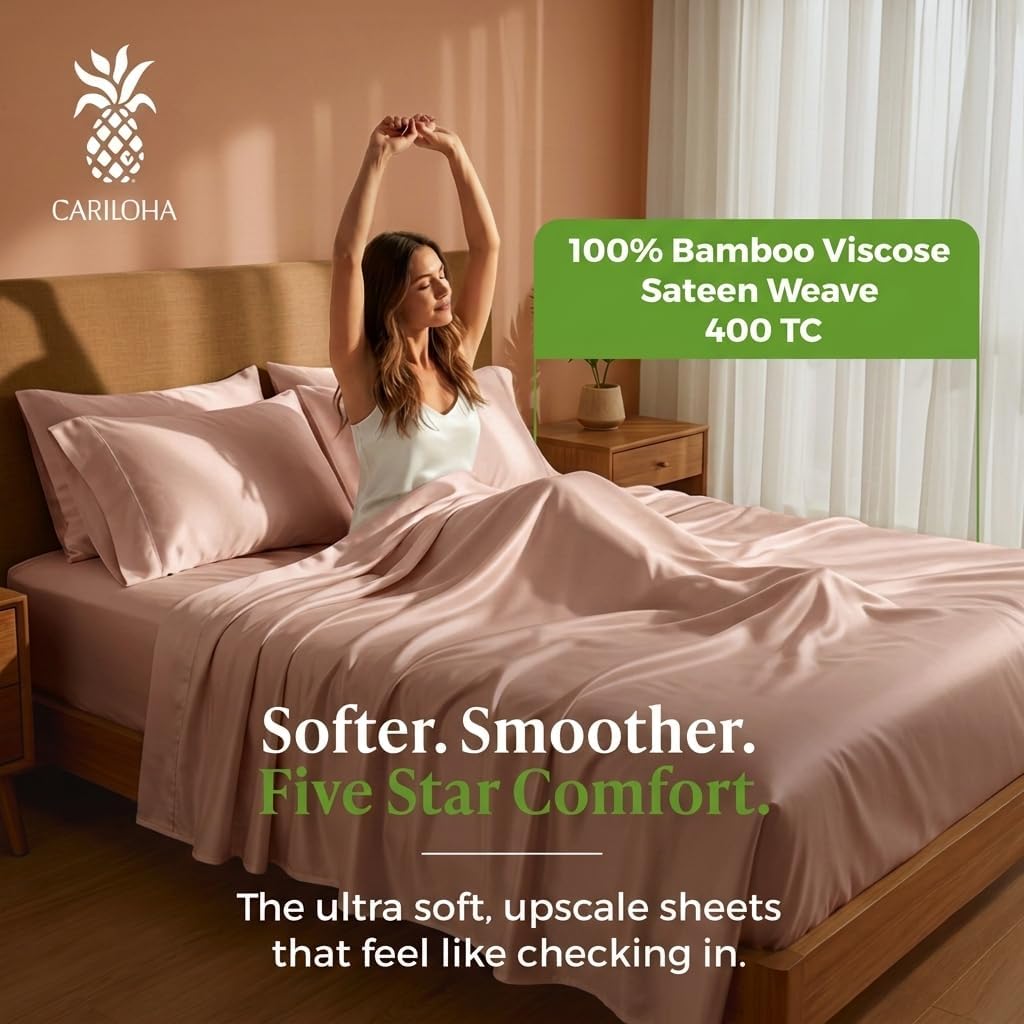 Cariloha Resort 4-Piece Sateen Sheet Set | Blush | Queen | Viscose Material | Allergy Resistant, Naturally Thermal-Regulating, Extra Soft Cooling Sheets for Hot Sleepers