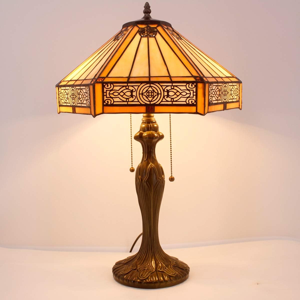 WERFACTORY Tiffany Table Lamp Yellow Hexagon Stained Glass Bedside Lamp Mission 16X16X24 Inches Desk Reading Light Metal Base Decor Bedroom Living Room Home Office S011 Series