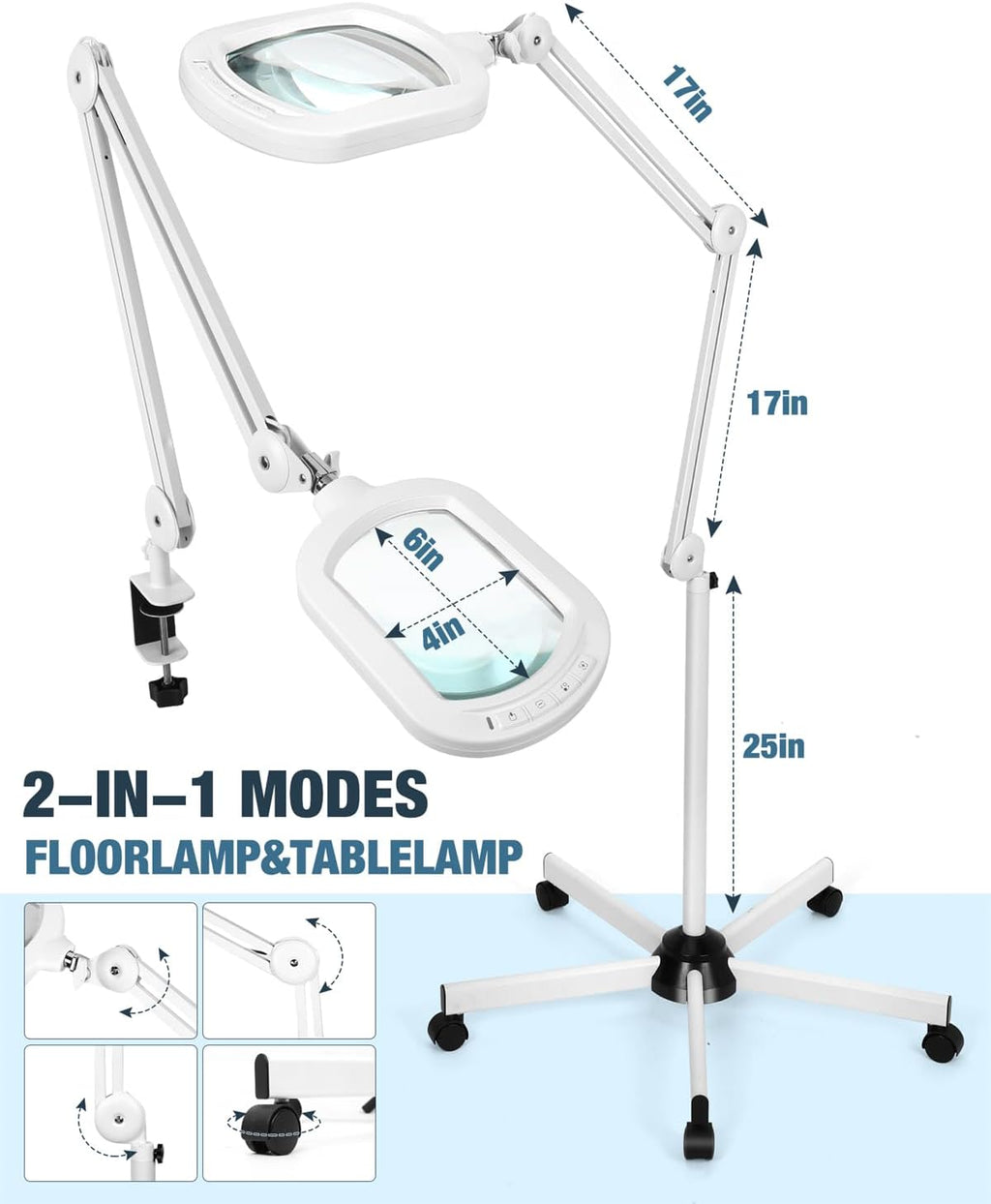 12X Magnifying Glass with Light and Stand, Large Rectangle Optical Glass Lens Floor lamp with 5 Wheels Rolling Base, 5 Color Modes LED Lighted Hands Free Magnifier for Reading Esthetician Facial Craft