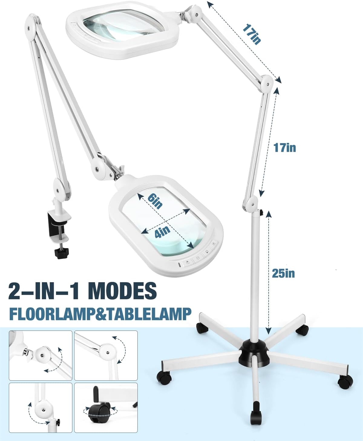 12X Magnifying Glass with Light and Stand, Large Rectangle Optical Glass Lens Floor lamp with 5 Wheels Rolling Base, 5 Color Modes LED Lighted Hands Free Magnifier for Reading Esthetician Facial Craft