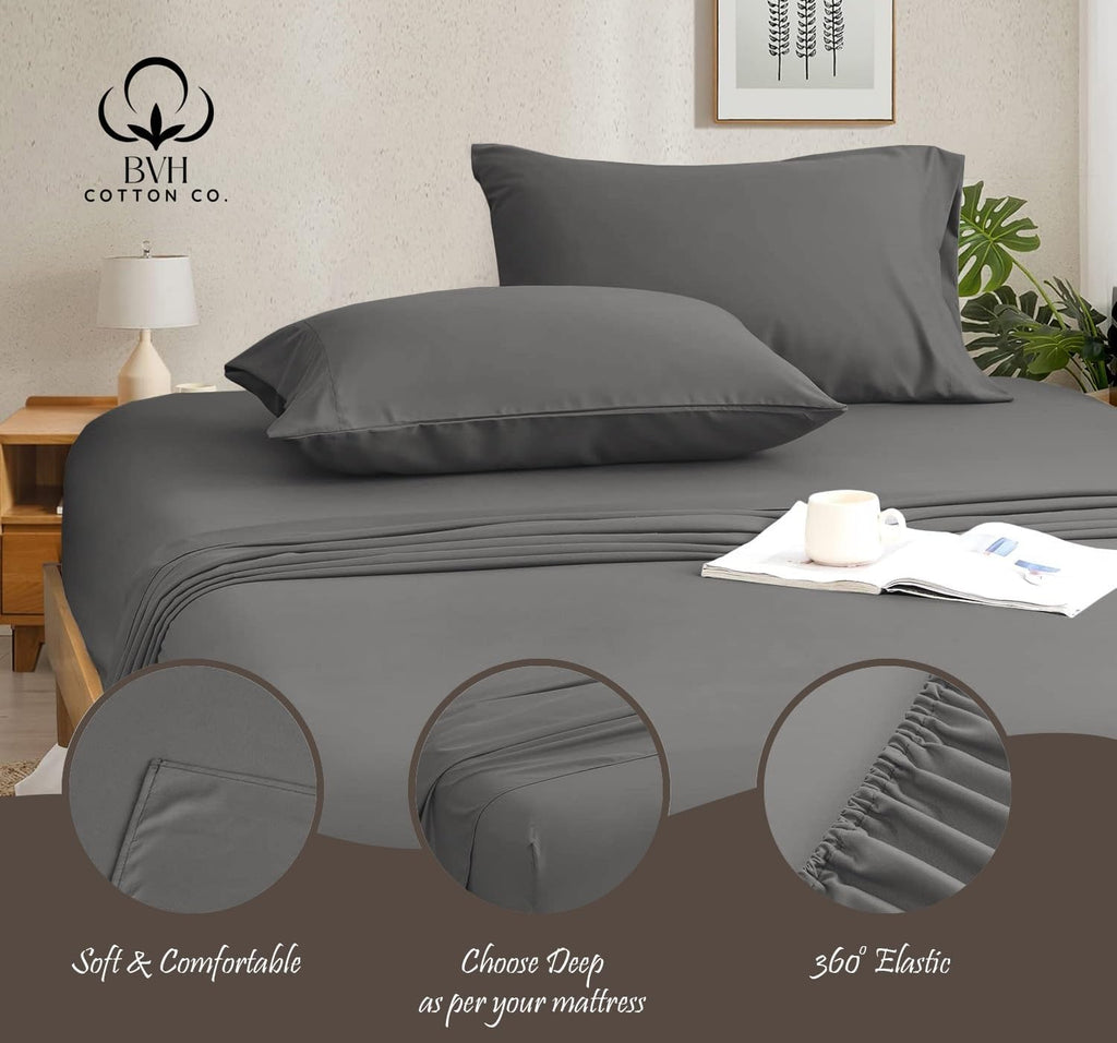 Egyptian Cotton Emperor Size Sheet Set, 4Pc Bed Set, Soft & Breathable Percale Weave, Fits 10-12' Deep Pocket, Hotel-Quality 1000 Series Bed Sheets (Solid, Elephant Grey)