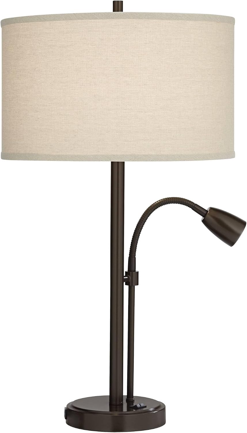 Possini Euro Design Traverse 29' Tall Modern Set of 2 Table Lamps with USB Ports A+C Charging Gooseneck LED Bronze Oatmeal Shade for Living Room Bedroom House Bedside Nightstand Home Office