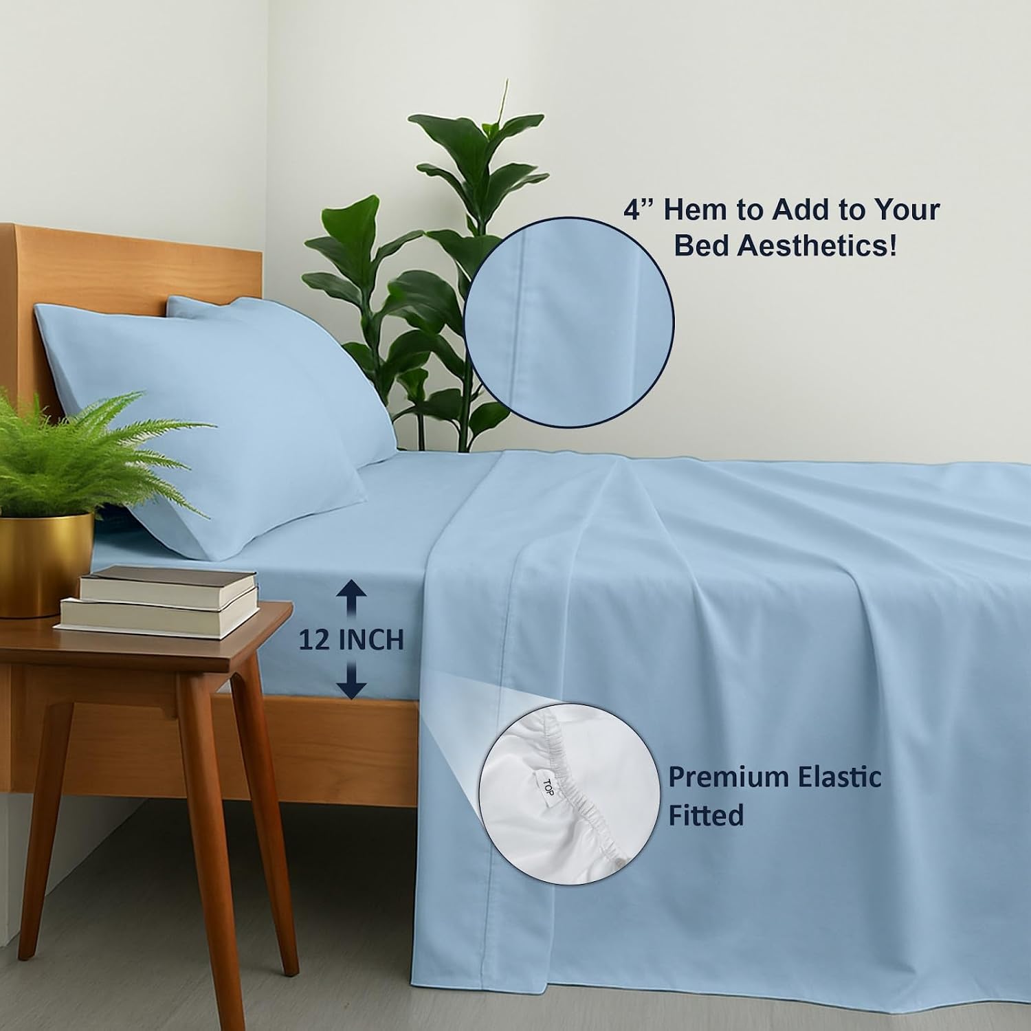 Cottington Lane Premium Quality 100% Egyptian Cotton 8 Piece Full Size Bed Sheet Set Fits 12 inch Deep Pocket Mattress, Naturally Cool, Soft & Durable Luxury Bedding, Sky Blue Solid