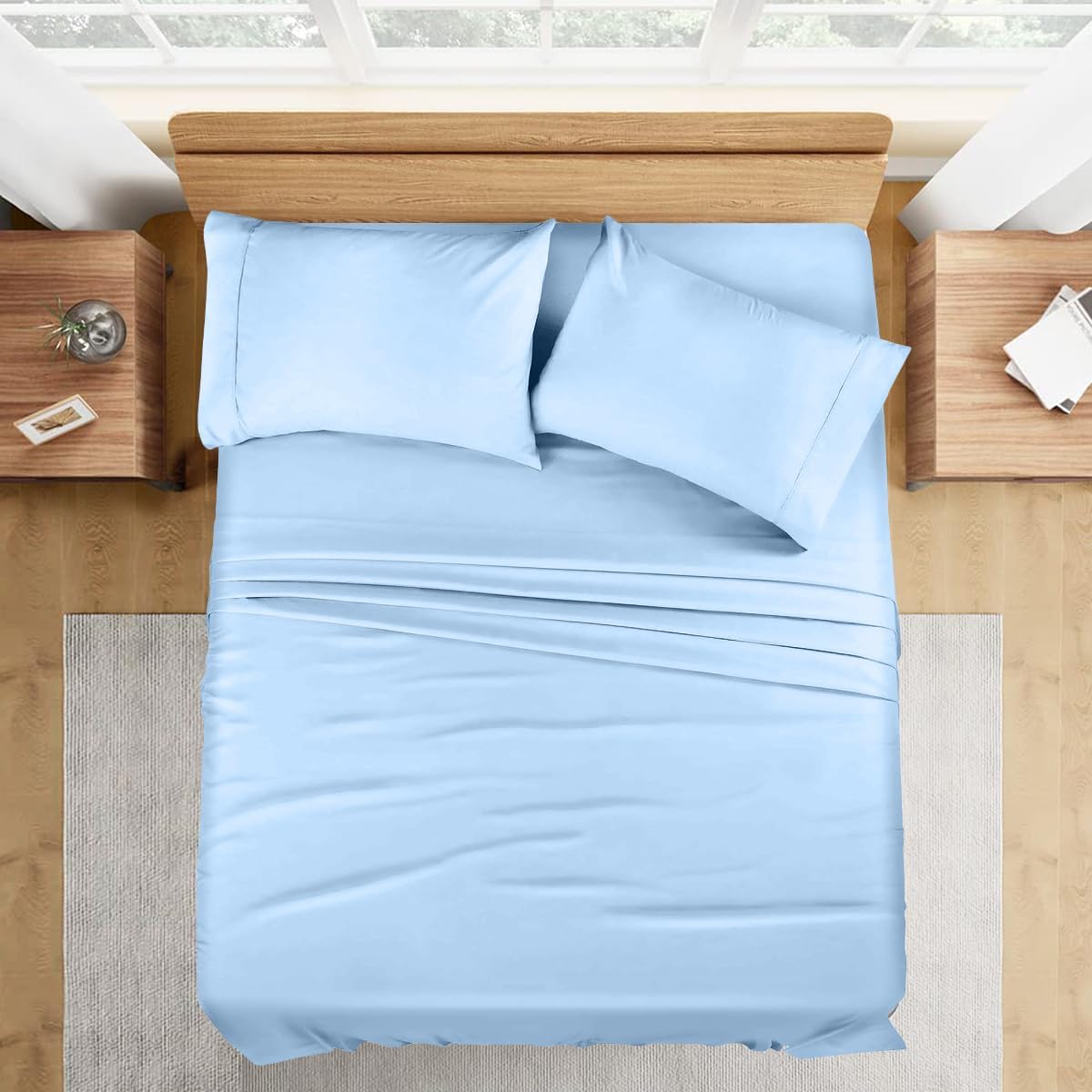 1000 Series- Extra Long Staple 100% Egyptian Cotton Sheet Set,Sateen Weave, Hotel Quality Soft Luxury Bedding, Queen Size 4 Piece Sheet Set Fit 15' Inch to 18' Deep Light Blue Solid.