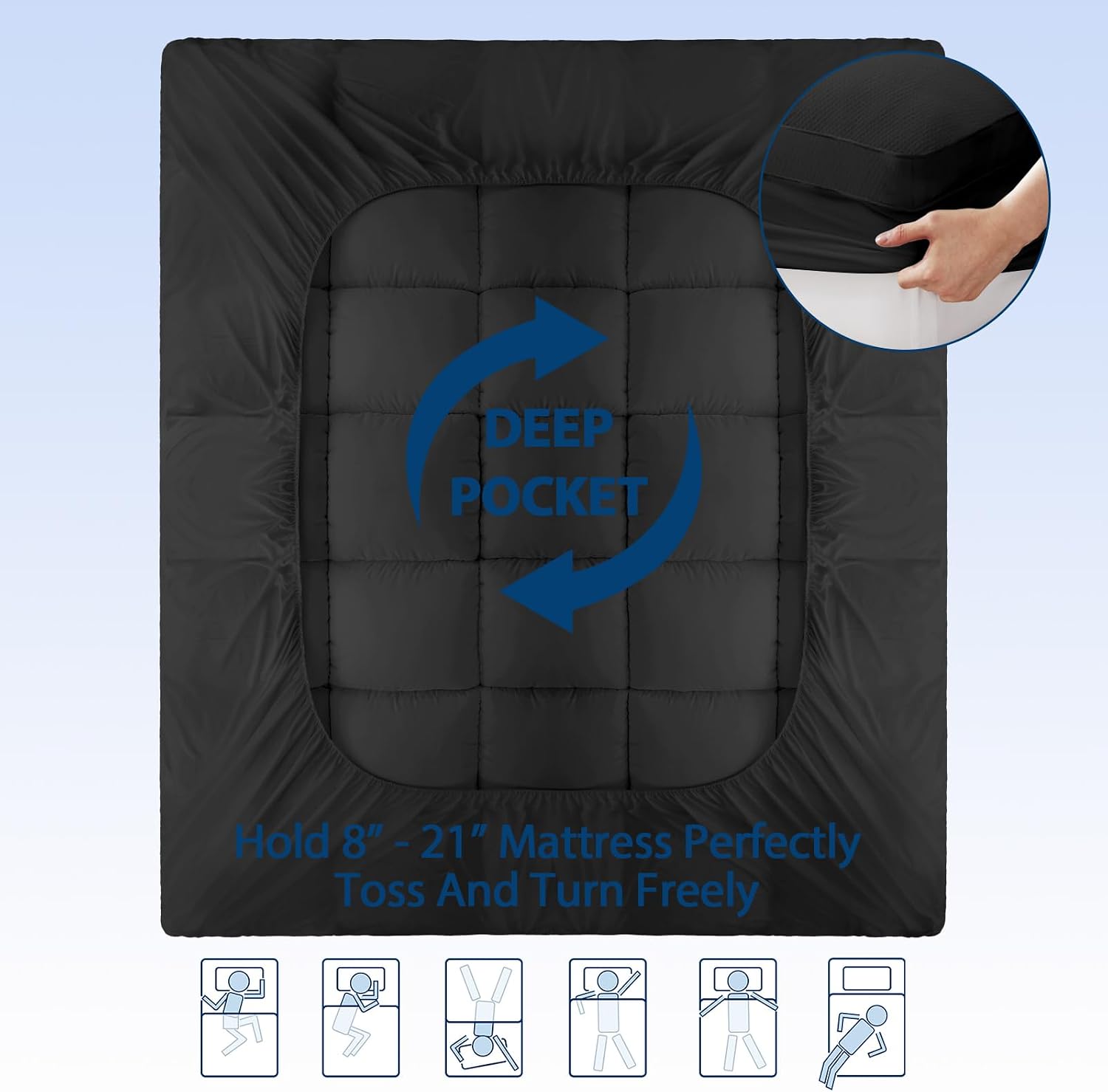 ELEMUSE Queen Black Cooling Bamboo Viscose Mattress Topper for Back Pain, Extra Thick Mattress Pad Cover, Plush Soft Pillowtop with Elastic Deep Pocket, Overfilled Down Alternative Filling