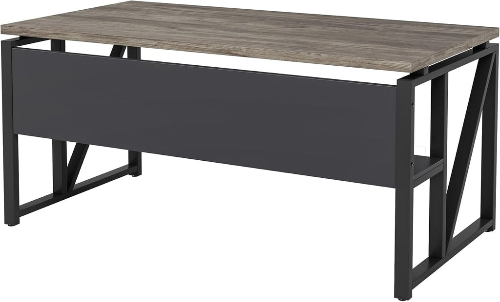 Tribesigns 55 inches Computer Desk with Bottom Storage Shelf Home Office Desk Writing Table for Workstation,Dark Walnut + Steel Leg， Cabinet not Included (Dark Oak, 55-inch -with Shelf)