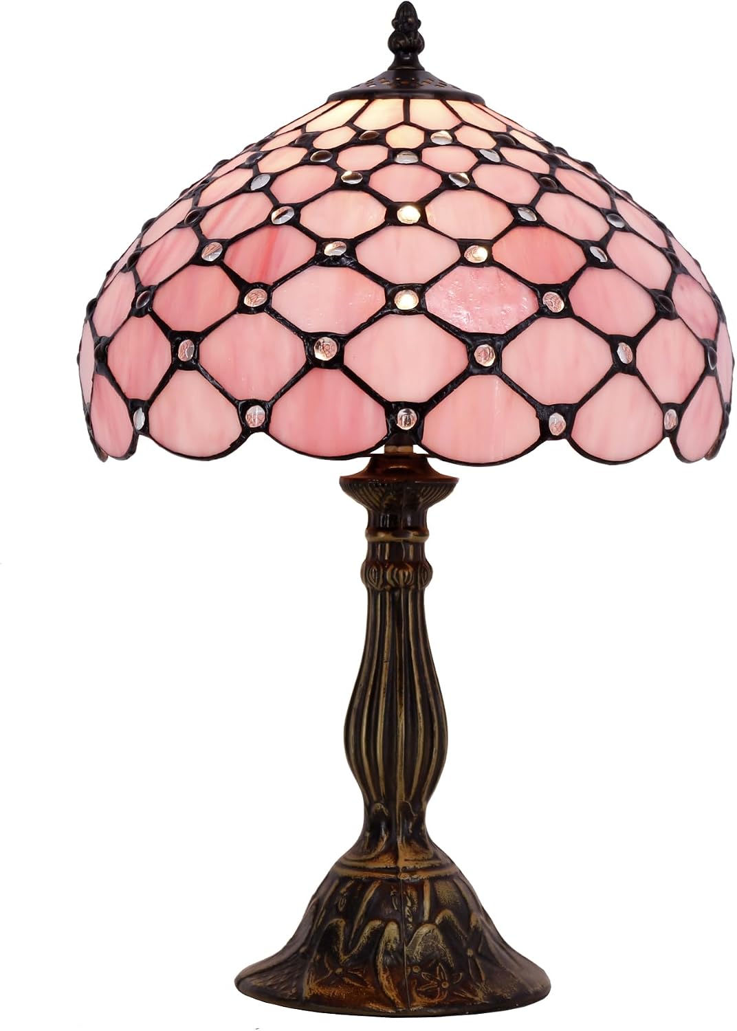 WERFACTORY Tiffany Lamp Pink Stained Glass Bead Table Lamp Desk Bedside Reading Light 12X12X18 Inches Deco Bedroom Living Room Home Office S005 Series