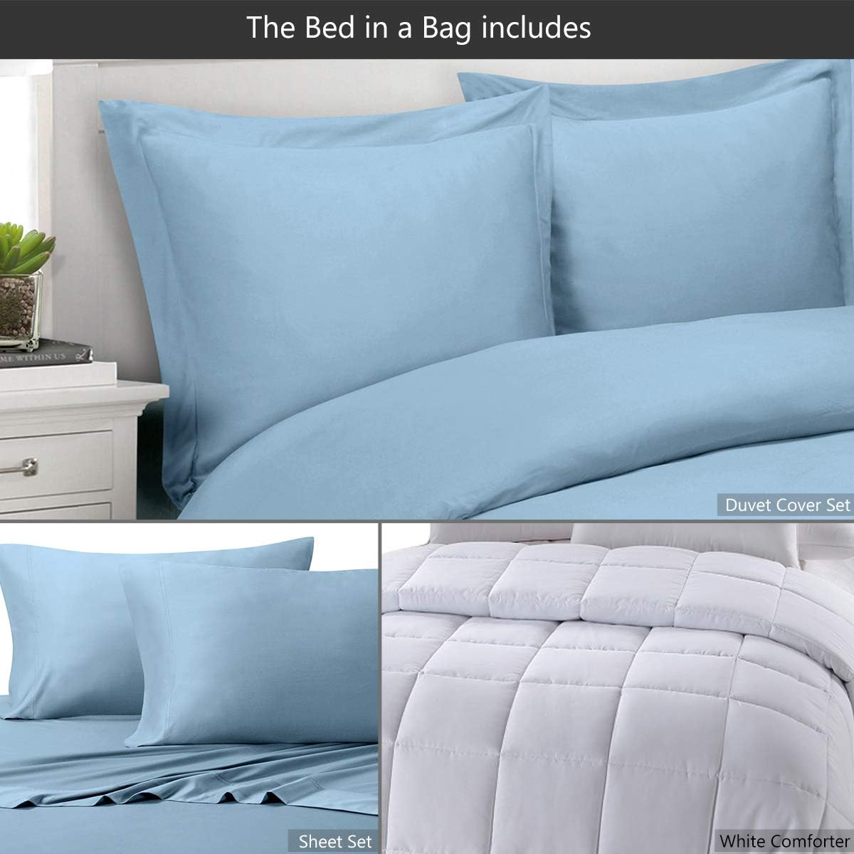 Royal Tradition 8 Pieces Bed in a Bag Set: Queen Size, Viscose from Bamboo, Solid Blue (Sheet Set & Duvet Cover Set) + White Down Alternative Comforter
