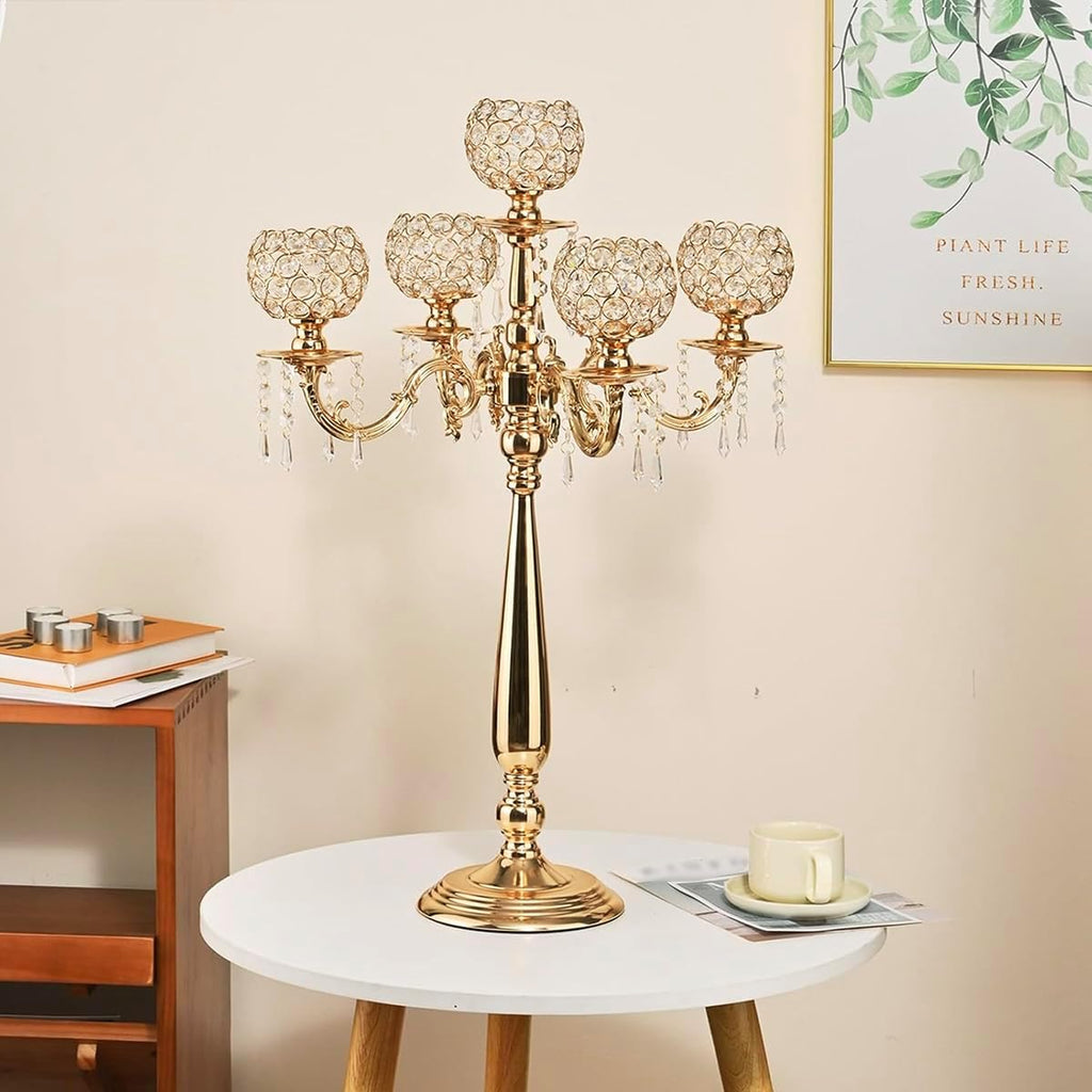 4 Packs 5 Arms Crystal Candelabra for Wedding Centerpiece, Gold Floor Candle Holder Set with Chandelier Crystal Beaded Anniversary Dinner Party Table Decor candelabros de mesa Elegantes Palace Themed