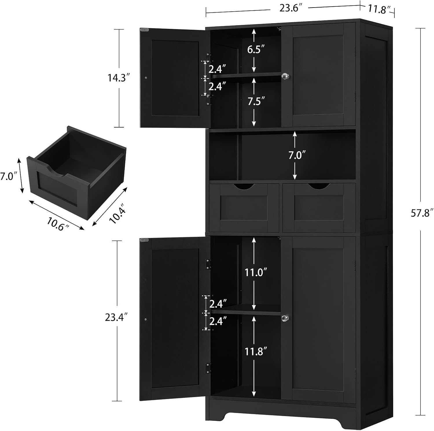 Iwell 57.8' H Tall Storage Cabinet with 2 Drawers & 2 Adjustable Shelves, Kitchen Cabinet with 4 Doors, Tall Cabinet for Living Room, Dining Room, Entryway, Black