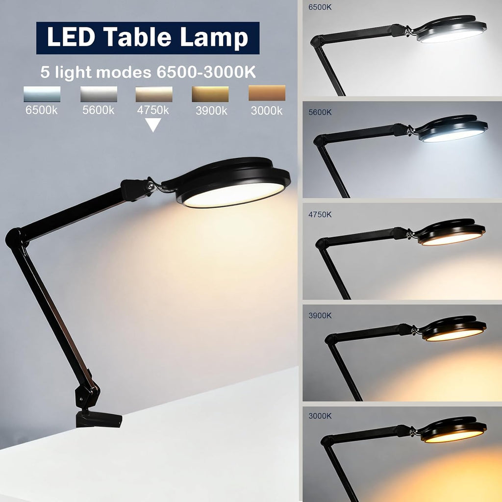 30W LED Desk Lamp with Clamp, 95+CRI, 5 CCT Modes & Dimmable, High CRI>95, Flexible Adjustable Task Light for Office, Makeup, Workbench, Crafts(Black)