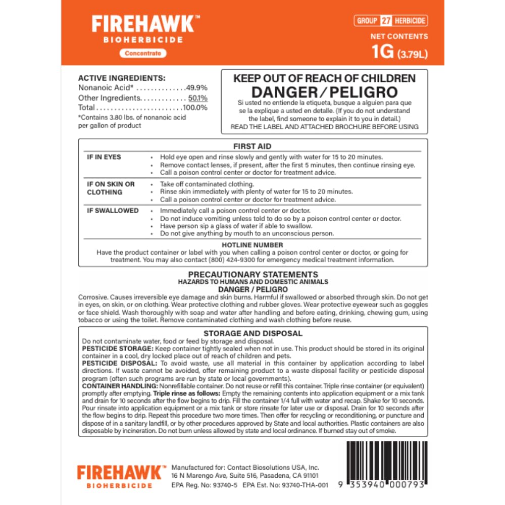 FireHawk® Bioherbicide Concentrate 1 Gal | Visible Results in Hours | for the Control of Broadleaf Weeds, Grasses & Mosses | Makes 20 Gallons of Spray Solution