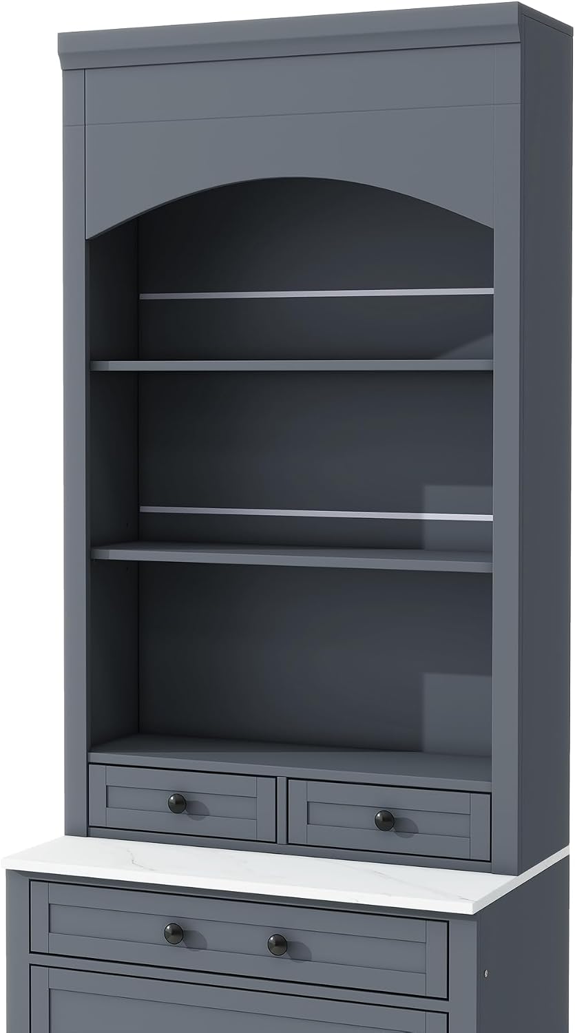 Modern 83.7inch High Kitchen Pantry, Freestanding Tall Kitchen Hutch with Faux Marble Top, Cupboard Cabinet with 5 Storage Drawers and Adjustable Shelf (Gray-4)