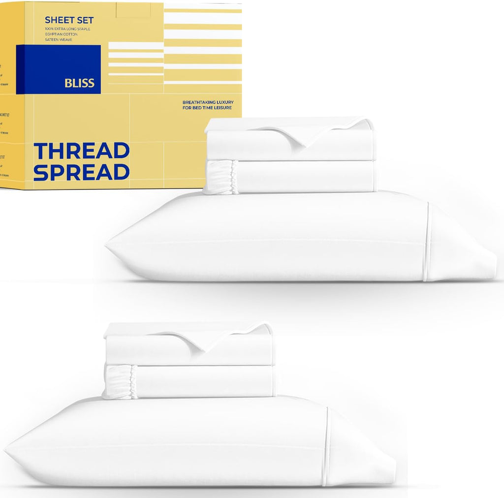 THREAD SPREAD 100% Egyptian Cotton Sheet Set Pack of 2 Twin XL Size - 600 Series Bliss Collection Luxury Sheet Twin Size (White), Soft, Cooling Hotel Luxury Bed Sheets, Fits Mattress Upto 18'