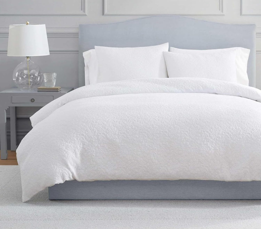 Martha Stewart - King Comforter Set, Naturally Soft Cotton-Rich Jacquard Bedding w/Matching Pillowcases, Textured 3 Piece Bed Set (Garden Trellis White)