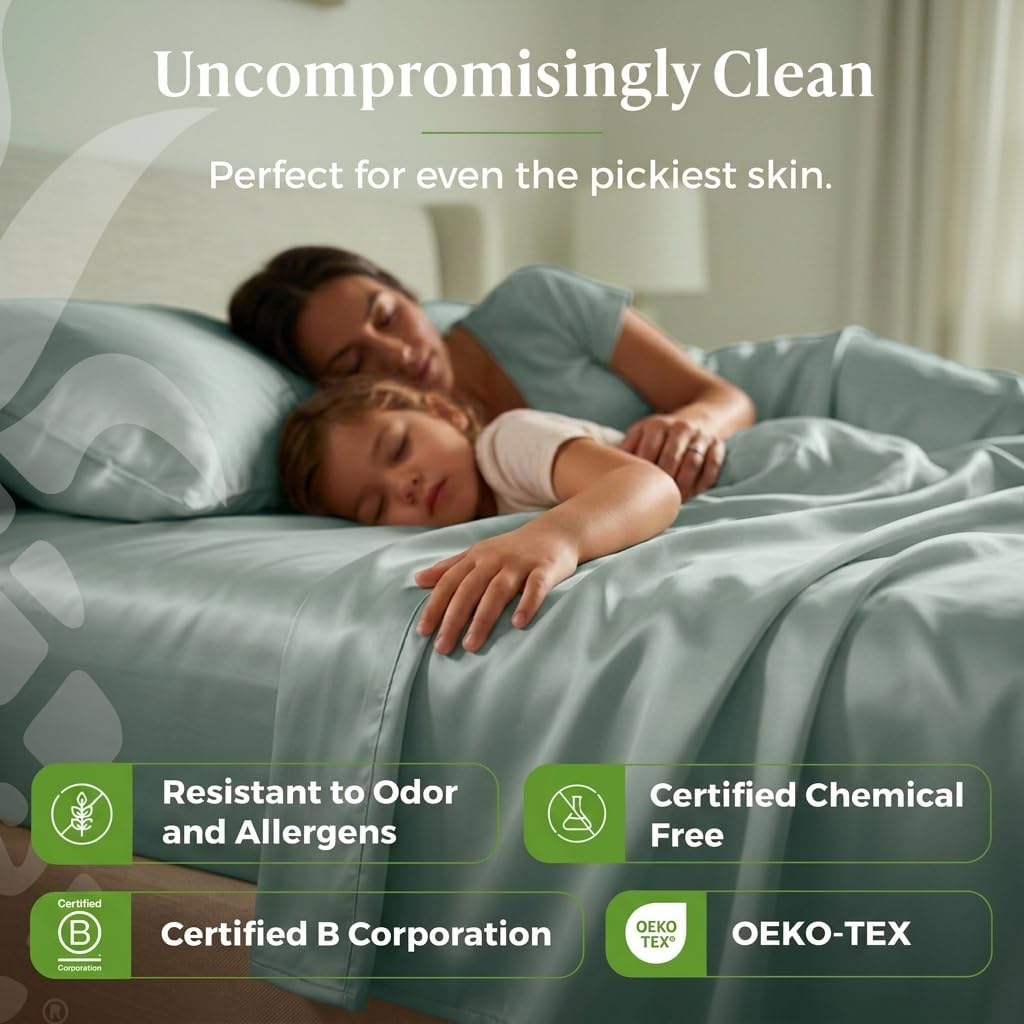 Cariloha Resort 4-Piece Sateen Sheet Set | Ocean Mist | King | Viscose Material | Allergy Resistant, Naturally Thermal-Regulating, Extra Soft Cooling Sheets for Hot Sleepers
