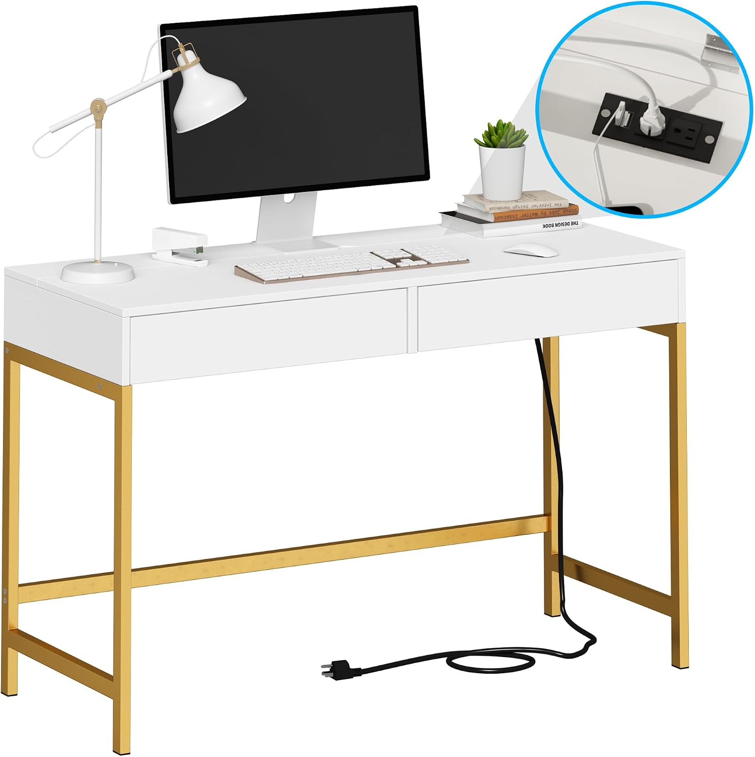 Treocho Computer Desk with USB Charging Ports and Power Outlets, Modern Simple 47 inch Vanity Desk with 2 Drawers, Makeup Table for Home Office, Bedroom, White and Gold