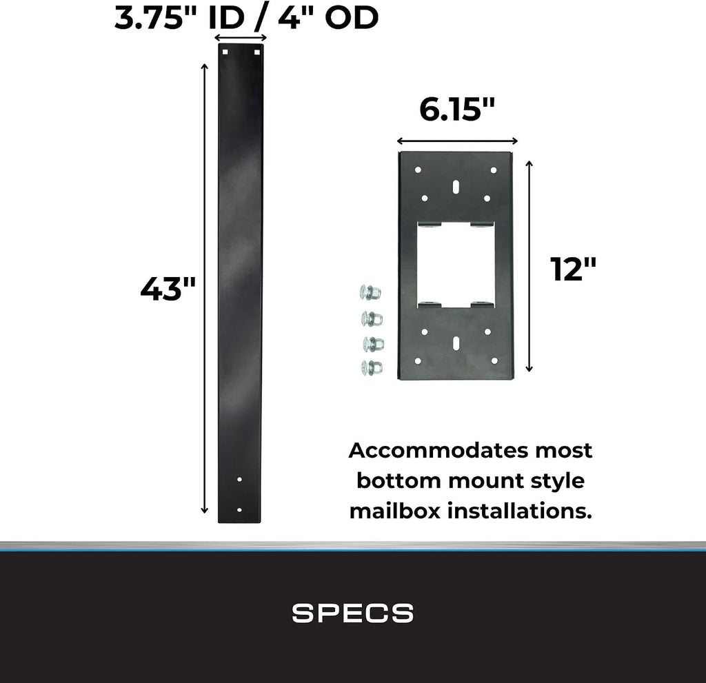Tie Down Mailbox Post and Mount | Galvanized Powder-Coated Steel Post and Universal Mounting Plate for Mailbox | Black