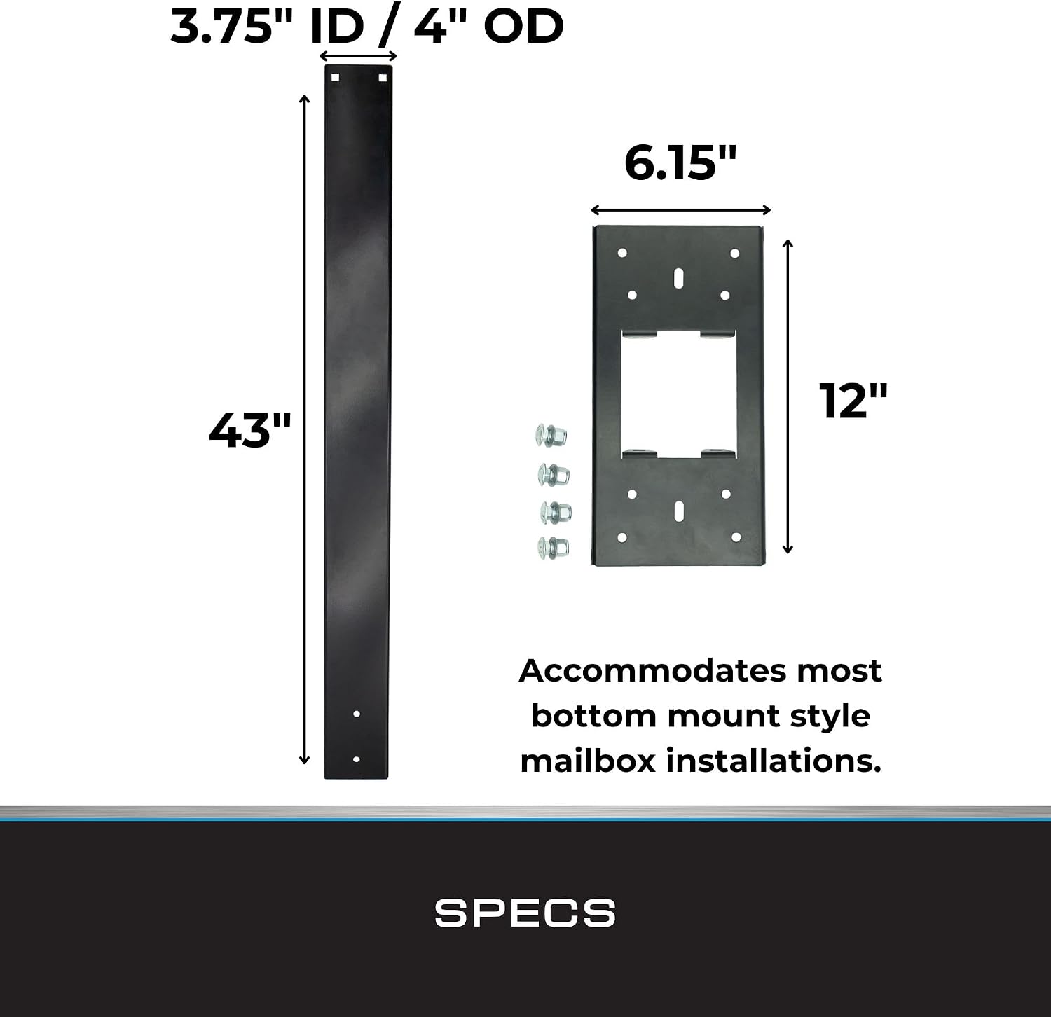Tie Down Mailbox Post and Mount | Galvanized Powder-Coated Steel Post and Universal Mounting Plate for Mailbox | Black
