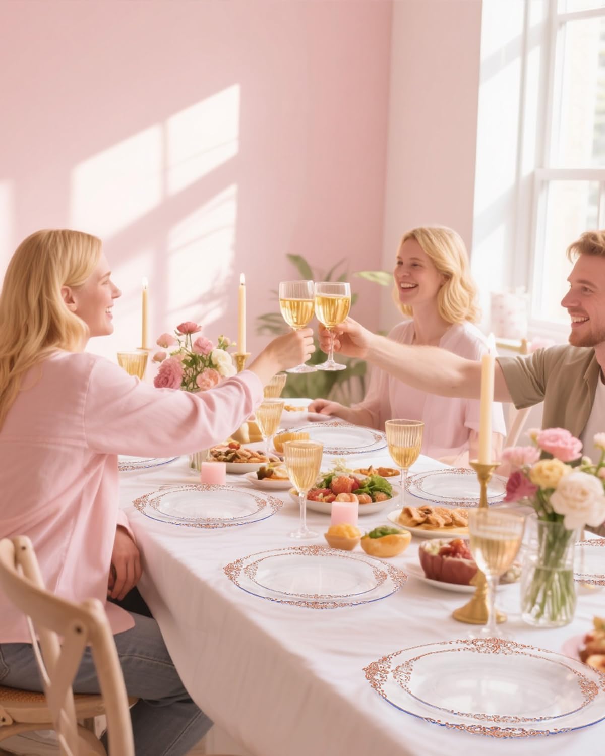 YOUBET 700PCS Rose Gold Plastic Plates - Clear Rose Gold Plastic Dinnerware Set Include 200 Disposable Plate, 300 Heavy Duty Silverware, 100 Cups, 100 Napkins for Wedding & Party & Baby Shower
