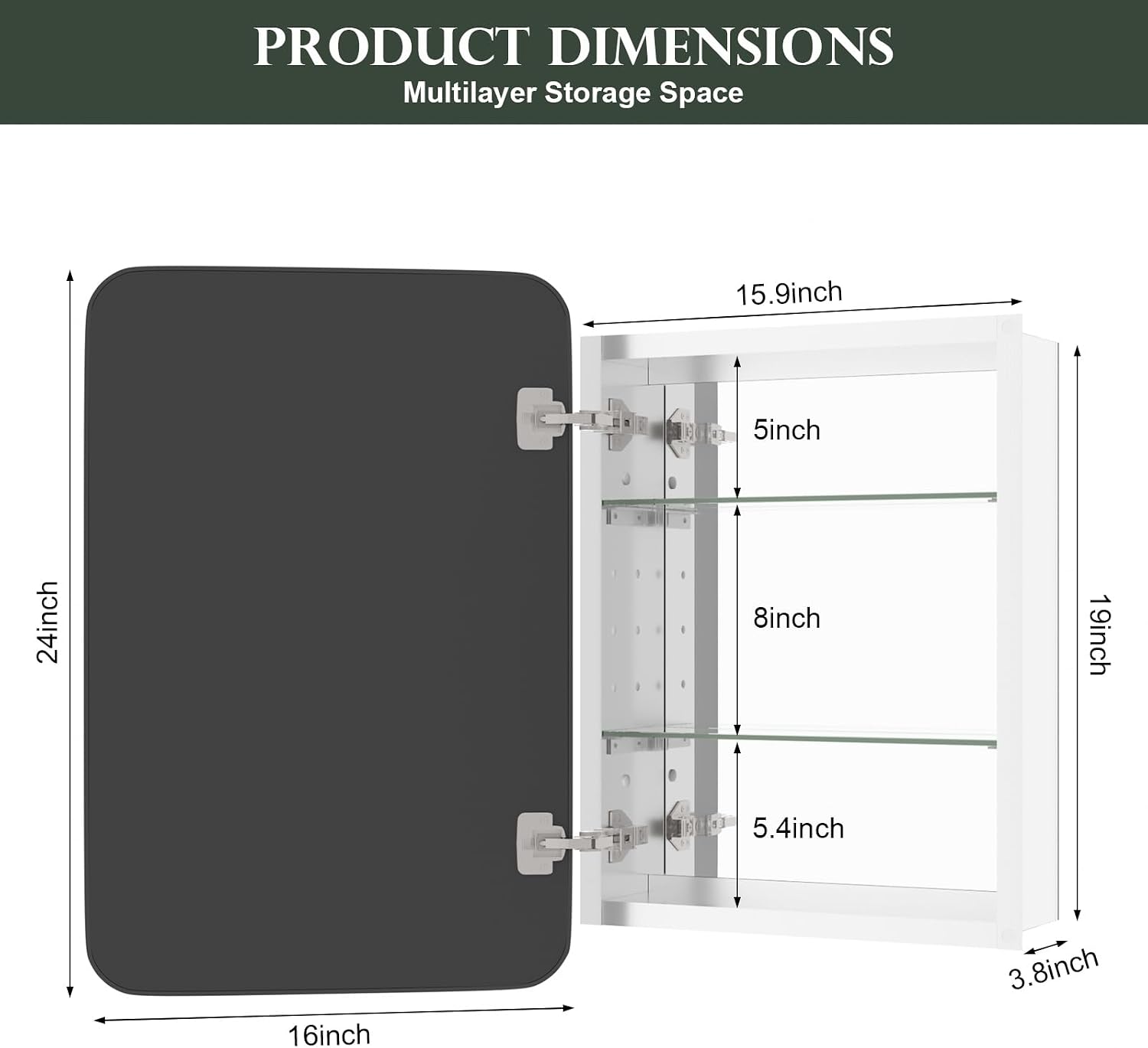 WallBeyond WallByond Bathroom Medicine Cabinet with Mirror, 16x24 Inch Black Recessed Medicine Cabinet with Round Corner Aluminum Alloy Metal Framed, Single Door Modern MedicineMabinet with Storage