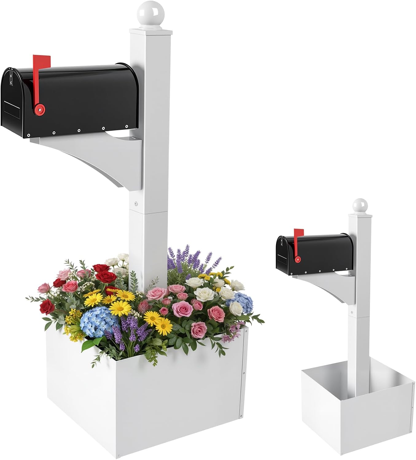 Colingmill White and Black Iron Mailbox Posts with Mailbox and Planter Box for Outside Decorative Ground Mounting Post 56 Inch / 4.6 ft Tall Heavy Duty Stand for Outdoor Use
