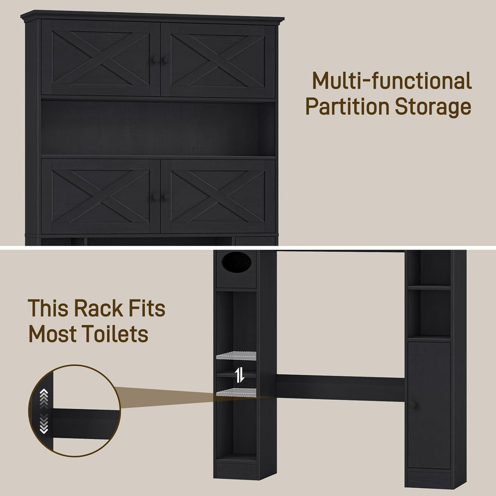 Over The Toilet Storage Cabinet, Farmhouse Storage Over Toilet with 4 Barn Doors & Adjustable Shelf, Space Saving Bathroom Organizer with Toilet Paper Holder Stand for Bathroom, Laundry, Rustic Black
