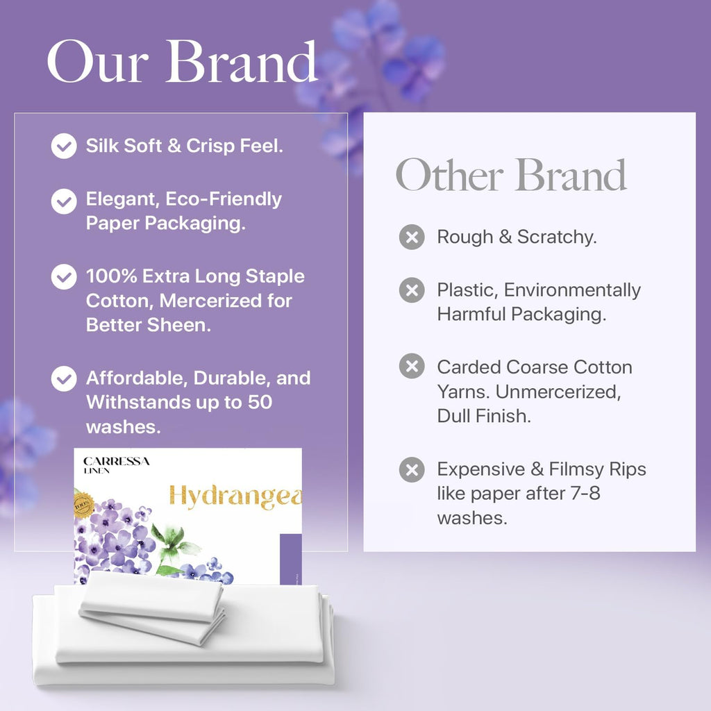Carressa Linen 100% Egyptian Cotton Queen Sheet Set - 600 Series Hydrangeas Collection Egyptian Cotton Queen Sheets Set (8 PC, Crisp White), 16' Deep Pocket Sateen Weave Luxury Hotel Bed Sheet