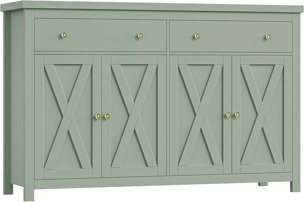 FOTOSOK Sideboard Buffet Cabinet with Storage, 55' Large Kitchen Storage Cabinet with 2 Drawers and 4 Doors, Wood Coffee Bar Buffet Table Console Table for Kitchen Dining Room, Green