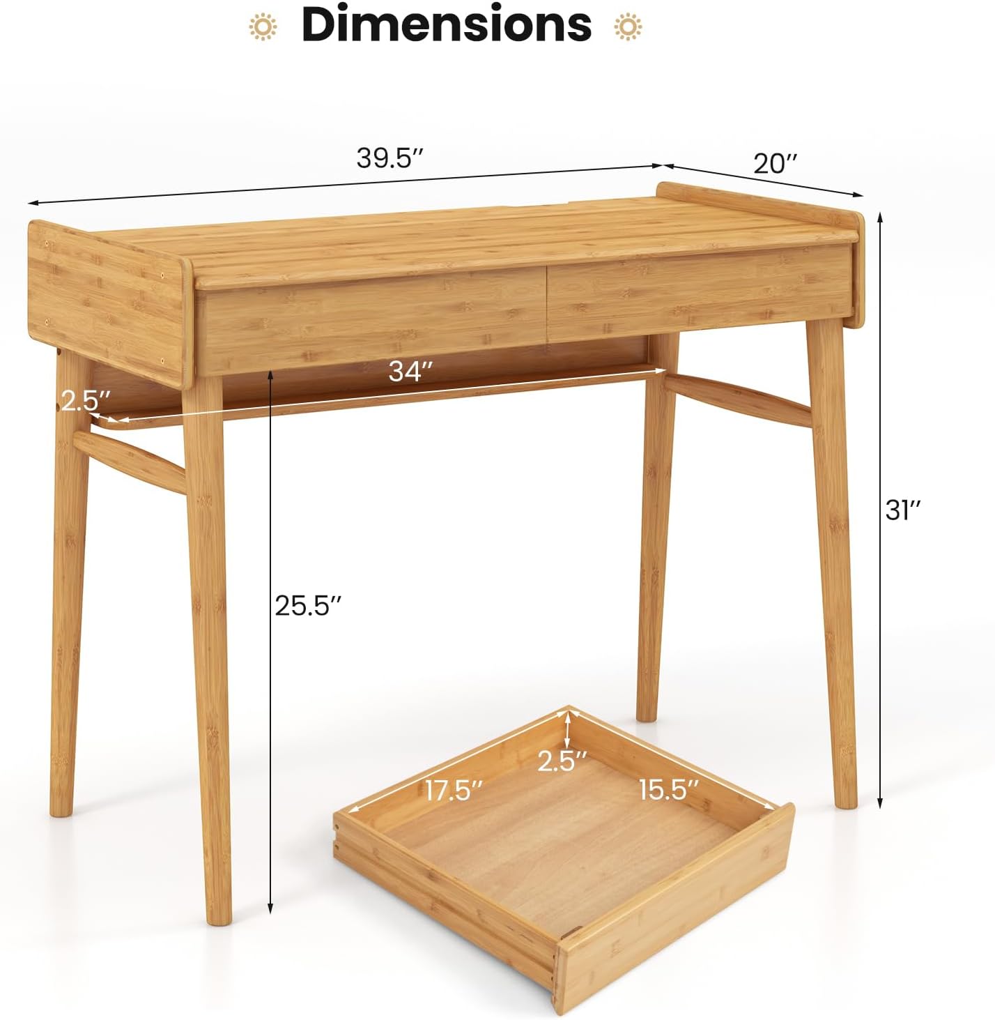 POWERSTONE 39.5' Writing Computer Desk, Modern Bamboo Home Office Desk with 2 Storage Drawers and One Shelf, Study Writing Table Workstation