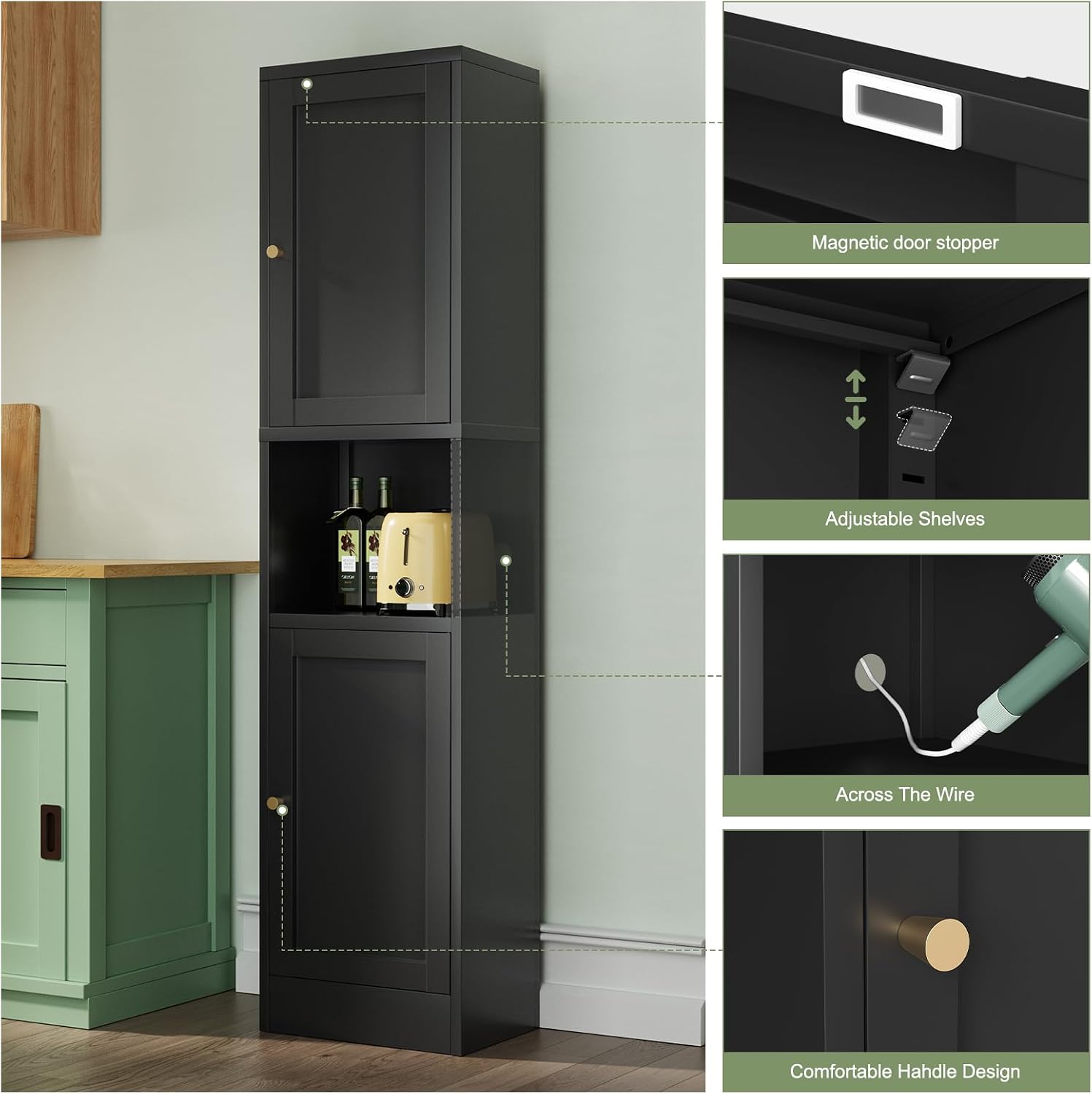 Bevivog Metal Bathroom Storage Cabinet Freestanding, 67' Tall Narrow Pantry Cabinet with Shelves for Kitchen, Skinny Metal Pantry with Hutch, 16' Wide Slim Cabinet for Small Spaces