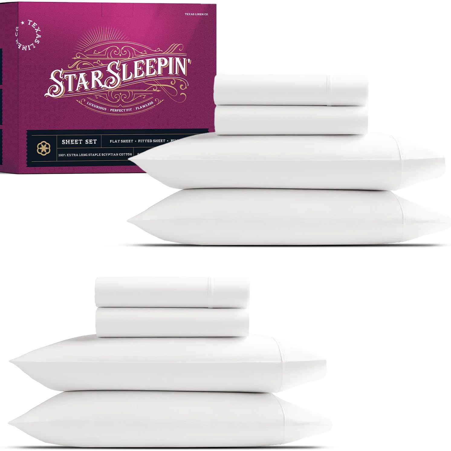TEXAS LINEN CO. 100% Egyptian Cotton Sheets King Size Set Pack of 2 - Luxury 1200 Series Star Sleepin' Collection Sheets King Size (8 PC, White), 17' Deep Pocket, Soft, Sateen Hotel Bedding Set