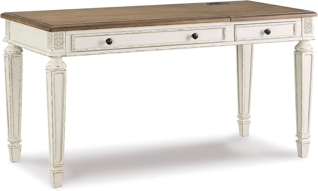 Signature Design by Ashley Realyn Home Office Lift Top Desk, USB Charging, Spring Lift Top, Smooth-gliding Drawer, 60' W x 28' D x 31' H, Chipped White and Brown