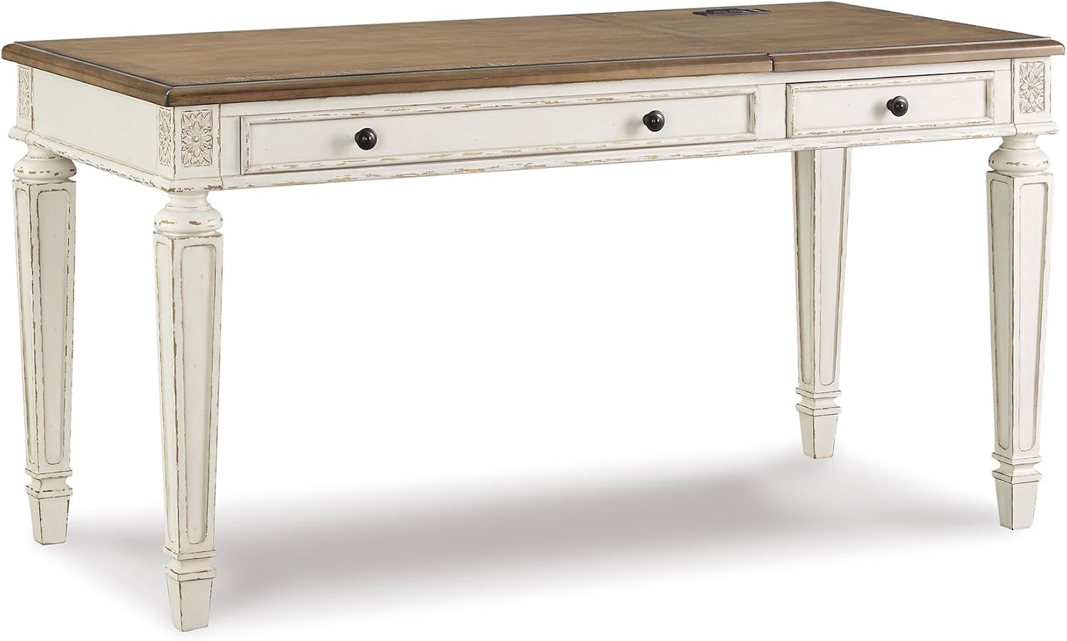 Signature Design by Ashley Realyn Home Office Lift Top Desk, USB Charging, Spring Lift Top, Smooth-gliding Drawer, 60' W x 28' D x 31' H, Chipped White and Brown