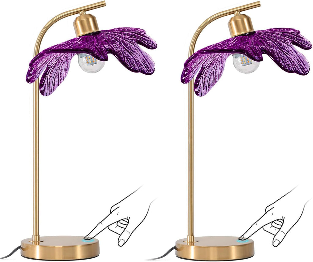 Touch Control Table Lamp, Mid Century Modern Gold Nightstand Lamp, 18.9-inch Vintage Purple Glass Table Light for Bedroom, Living Room, Farmhouse End Table, Set of 2
