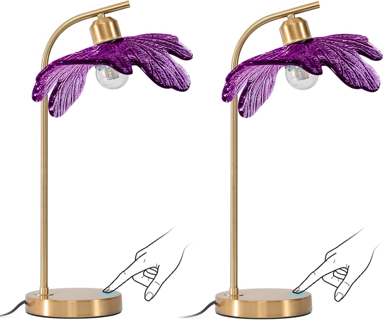 Touch Control Table Lamp, Mid Century Modern Gold Nightstand Lamp, 18.9-inch Vintage Purple Glass Table Light for Bedroom, Living Room, Farmhouse End Table, Set of 2