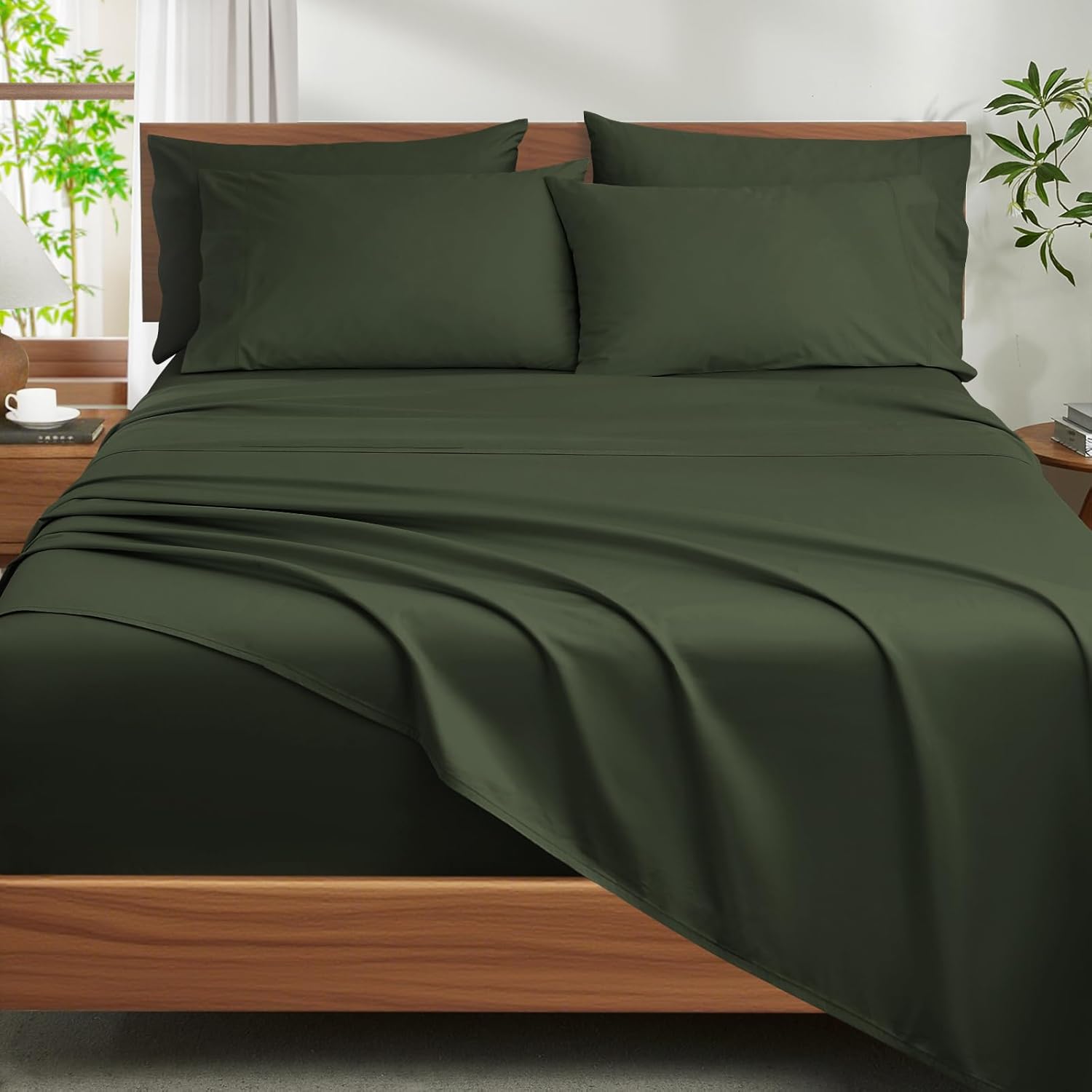 Ivellow 100% Egyptian Cotton Sheets Queen Size Set - 1200 Thread Count 6 PC 18' Deep Pocket Queen Size Bed Sheet Set，Luxury Soft Breathable Dark Green Cooling Sheet Sets Durable Hotel Quality Bedding