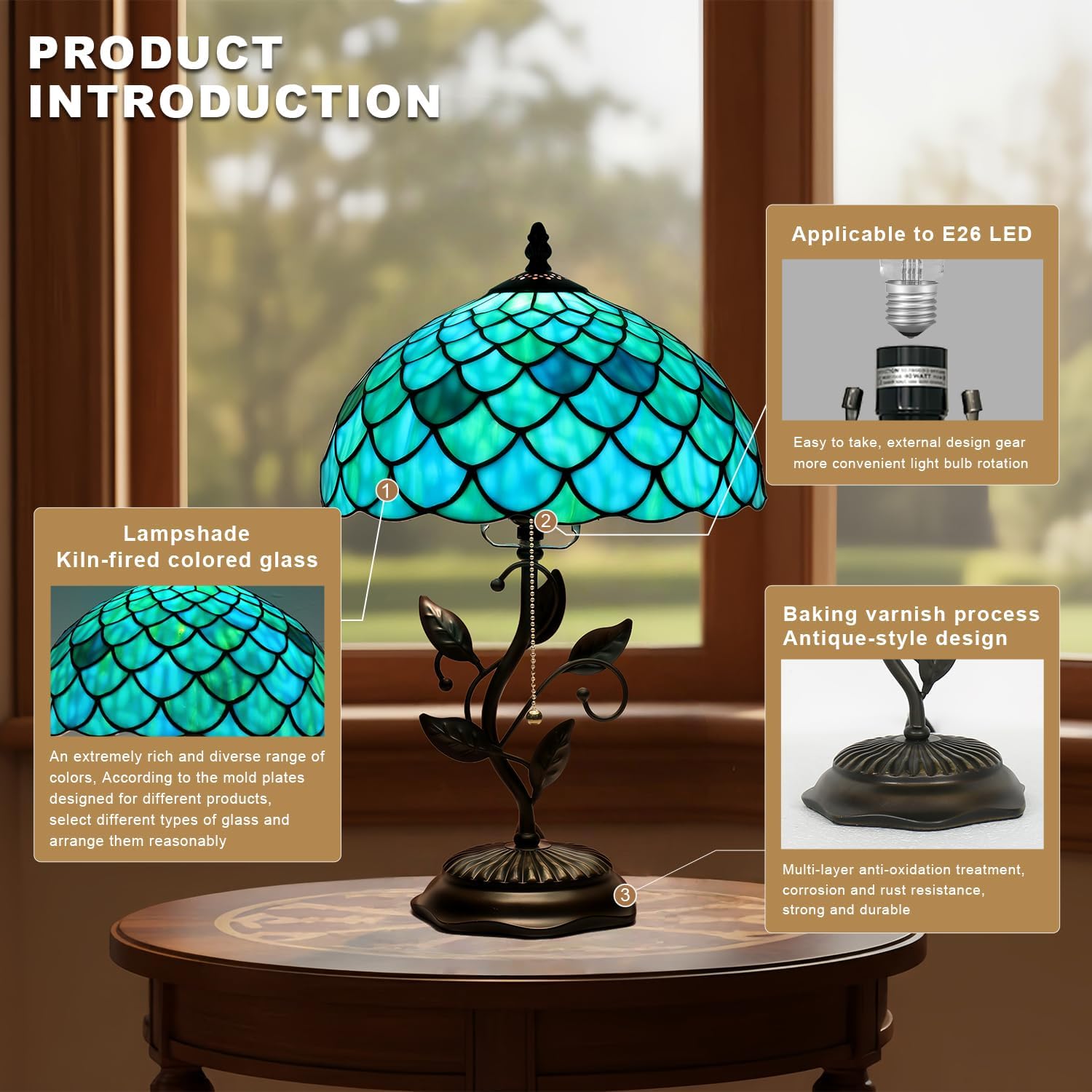 Tiffany Table Lamp, Stained Glass Blue Green Fish Scale Style, Metal Leaf Base Decor Lamp, 12x12x19 Inch for Bedroom, Living Room, Home, Office