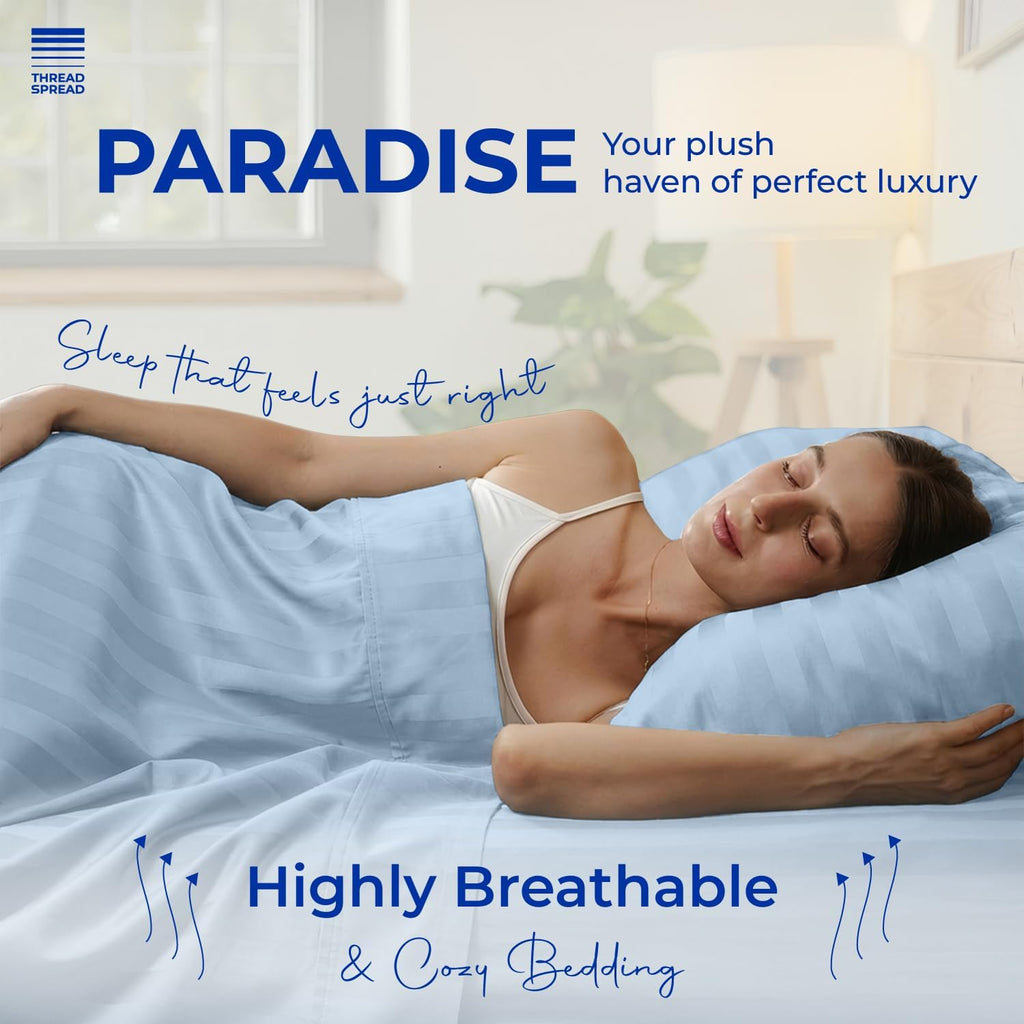 THREAD SPREAD Queen Sheet Set, Luxury 1000 Series Paradise Collection 100% Egyptian Cotton Damask Striped Bed Sheets Queen Size (4 PC, Light Blue Stripe), Cooling 16' Deep Pocket Hotel Sheet Set